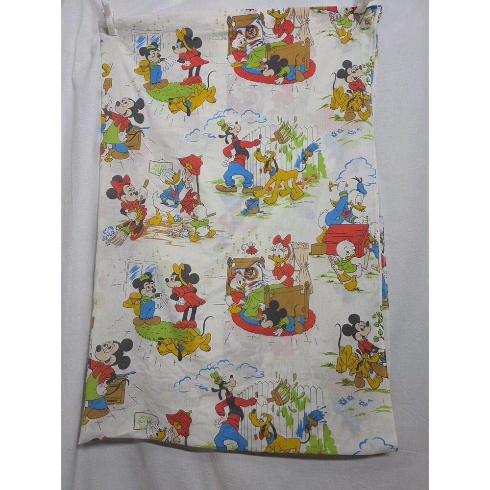 Vintage Mickey Disney Wards Chores Twin Flat Sheet  Minnie Donald Goofy 65x94
